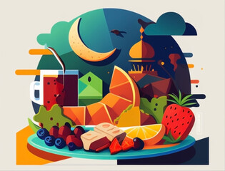 Ramadan illustration with beautiful iftar food and drink in the night with full color