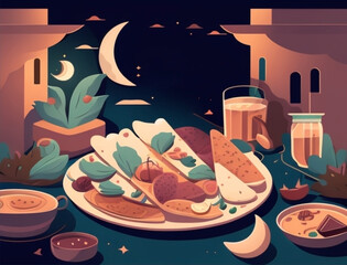 Ramadan illustration with beautiful iftar food and drink in the night with full color