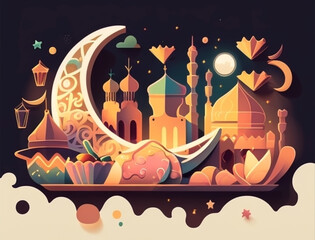 Ramadan illustration with beautiful iftar food and drink in the night with full color