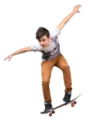 Fotobehang Skateboarder young male jumping high doing a skateboard trick © BillionPhotos.com