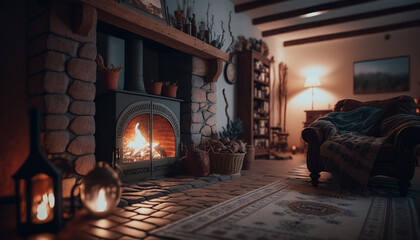 Obraz na płótnie Canvas Fireplace in a cozy country house, dim light, comfort