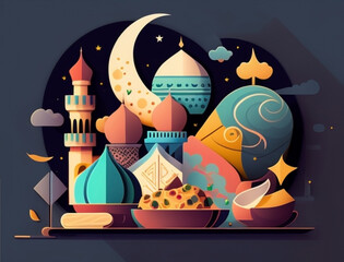 Ramadan illustration with beautiful iftar food and drink in the night with full color
