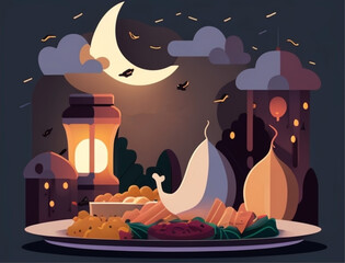 Ramadan illustration with beautiful iftar food and drink in the night with full color