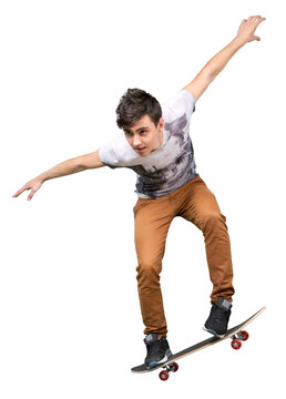 Skateboarder young male jumping high doing a skateboard trick