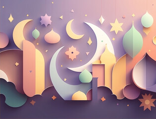 Ramadan illustration with beautiful papercut moon in the night with soft color