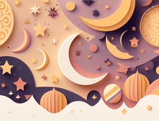 Ramadan illustration with beautiful papercut moon in the night with soft color