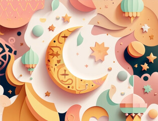 Ramadan illustration with beautiful papercut moon in the night with soft color