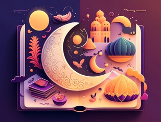 Ramadan illustration with beautiful book in the night with soft color