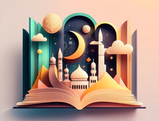 Ramadan illustration with beautiful book in the night with soft color