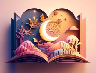 Ramadan illustration with beautiful book in the night with soft color