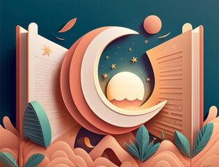Ramadan illustration with beautiful book in the night with soft color