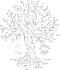Judaism religion tree of life symbol with sun and moon graphic sketch template. Cartoon vector illustration in black and white for games. Childrens story book, fairytail, coloring paper, page, print