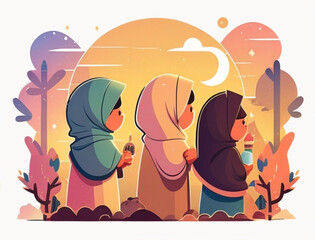 Ramadan illustration with beautiful woman praying with soft color