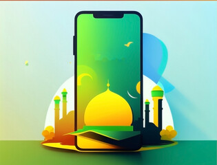 Ramadan illustration with beautiful smartphone template in soft color