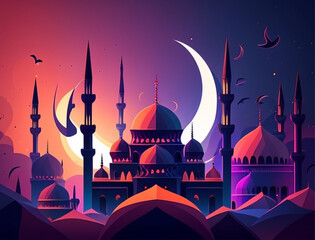 Ramadan illustration with beautiful mosque in the night with soft color