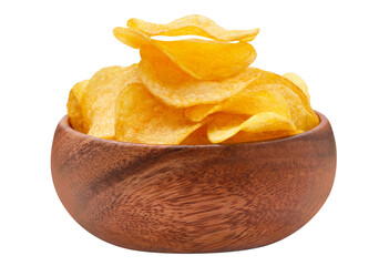 Delicious potato chips in a wooden bowl cut out