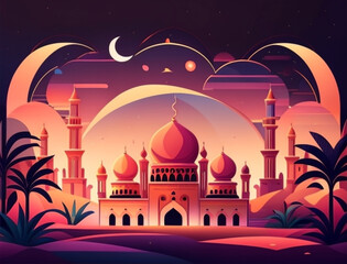 Ramadan illustration with beautiful mosque in the night with soft color