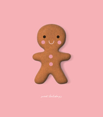 Funny Christmas Holidays Vector Card with Cute Gingerbread Man Cookie on a Light Pink Background. Lovely Minimalist Illustration with Sweet Gingerbread Cookie ideal for Card, Greeting, Wall Art.