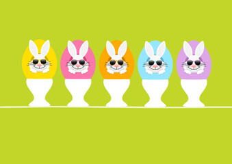 Karte 5 Weiße Osterhasen Sonnenbrille In Ei Eierbecher Vorn Grün