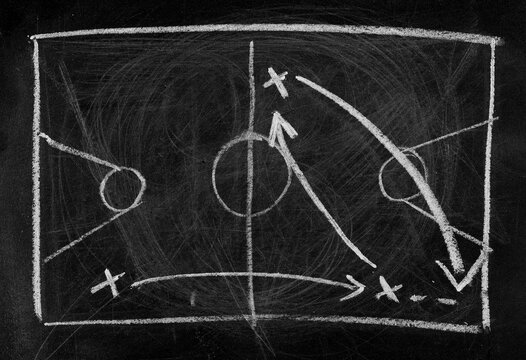 Basketball tactics drawn, isolated on black chalkboard background and texture with clipping path