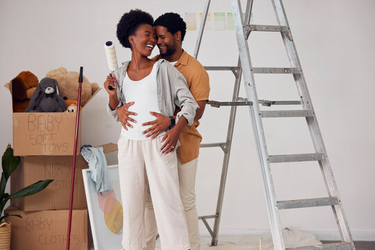 Love, pregnancy or black couple hugging in home renovation, diy or house remodel together by apartment ladder. Forehead, partnership or African man with pregnant woman excited about baby or family