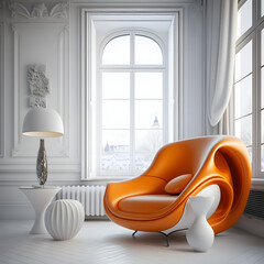 Cozy modern living room interior with orange armchair and decoration room on white wall background, Generative AI
