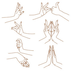 Different traditional hand signs of a dancing woman. Indian classical dance Bharatanatyam mudra. Alapadma hasta. Beautiful set of hands in Indian dance. Linear vector illustration.