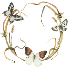 Wreath of meadow plants and butterflies and bumblebee. Watercolor nature illustration, round frame for greetings and any cards