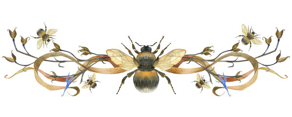 Bumblebee and meadow plant banners. Natural watercolor illustration, vignette for greetings and invitation