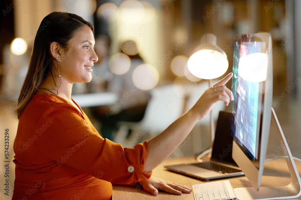 Poster Web design, connection and pregnant woman with a computer hologram for research at night. 3d coding, analytics and programmer typing on a holographic screen from a pc for programming and development