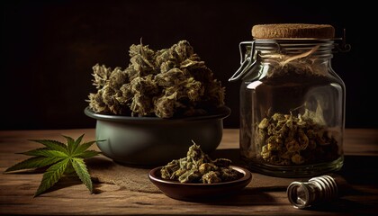 Jars of marijuana for medical use. flower of medical cannabis in a sealed jar, for later sale or transfer to a patient. Generative AI.