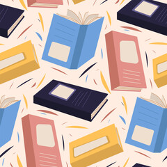 A pattern from color books. Book fair, packaging with books, bright covers. Background for packaging. Congratulations to the graduates of 2023 background postcard. A library of books.
