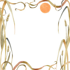 Meadow sun and plants. Watercolor nature illustration, frame for greetings and any cards