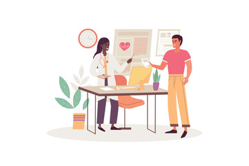 Medical clinic concept with people scene in the flat cartoon style. Patient came to the hospital to see the doctor to consult about the disease. Vector illustration.