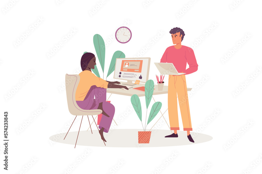 Poster concept browse social network with people scene in the flat cartoon design. one of the employees wil
