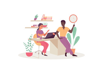 Deadline concept with people scene in the flat cartoon style. Two workers are trying to complete all the office tasks before the deadlines. Vector illustration.