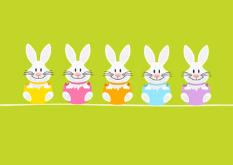 Karte 5 Weiße Osterhasen In Eierschale Sitzend Grün