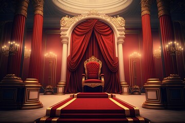 Red carpet leading to a king thrones inside of the palace castle generative ai