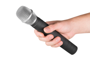 Hand with a microphone isolated on white