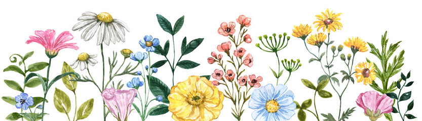 Floral border. The watercolor illustration features assorted wildflowers, grass, and greenery—a...