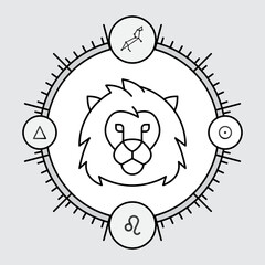 LEO zodiac horoscope astrology label with element, planet icon glyph. Thin line sign symbol art design vector illustration