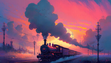 Anime sunset over old steam train