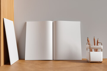 open book with blank pages on wooden table