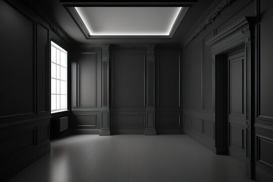 An empty dark room with a light from one window on the side generative ai