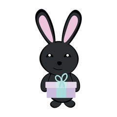 Black smiling rabbit with a gift