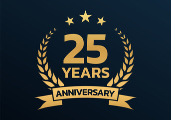 25 years anniversary laurel wreath logo or icon. Jubilee, birthday badge, label or emblem. 25th celebration design element. Vector illustration.