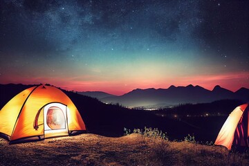 Fototapeta na wymiar camping at night with beautiful starry night scenery. Generative AI