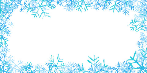 High resolution transparent png banner with frame of decorative blue ice crystals for winter, holidays with a lot of blank space for your content 