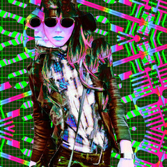 Fashion experimental effect collage. Party dj Girl and abstract creative background