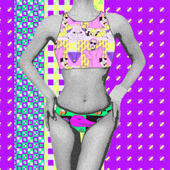 Fashion experimental effect collage. Party Girl and abstract creative background